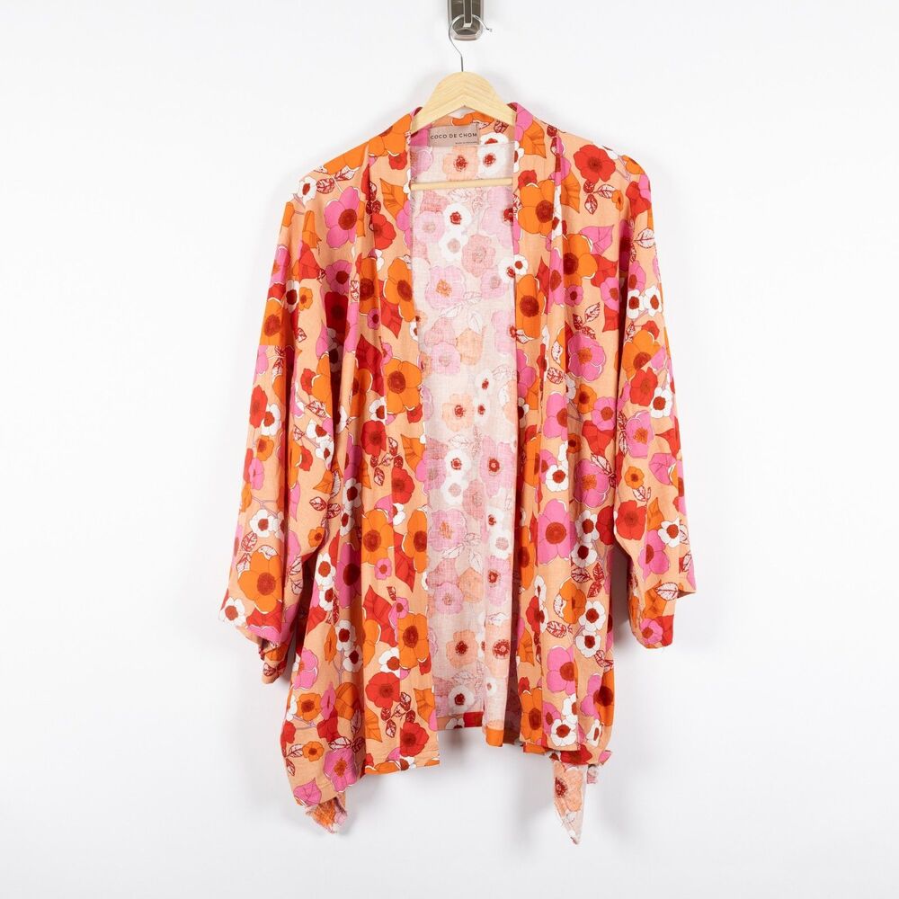 Coco De Chom Kimono Womens Large Orange Pink Floral‎ Boho Cardigan Open Front
